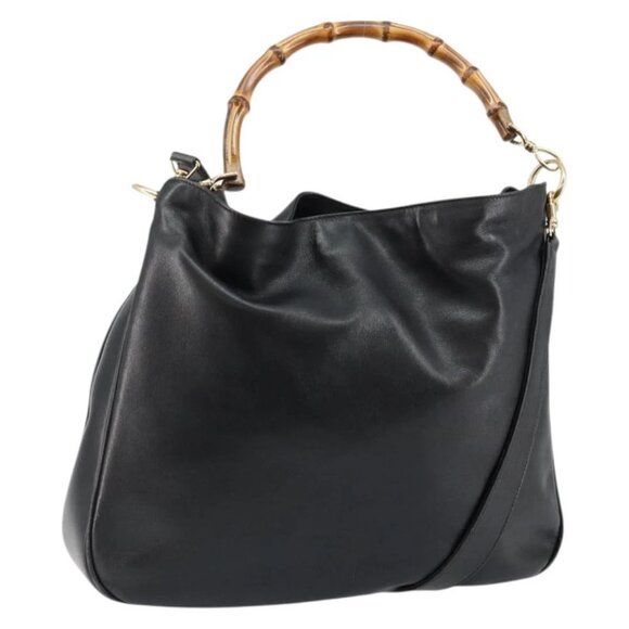 GUCCI Bamboo Hand Bag Leather 2way Black Gold - Picture 1 of 16